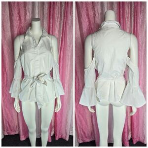 Boston Proper White Crisp Cold Shoulder Flare Sleeve Cotton Blouse Size 12